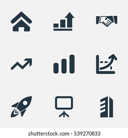 Set Of 9 Simple Startup Icons. Can Be Found Such Elements As Presentation, Greeting, Construction And Other.