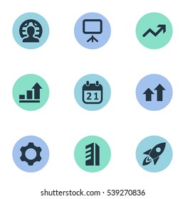 Set Of 9 Simple Startup Icons. Can Be Found Such Elements As Line Graph, Presentation, Spaceship And Other.
