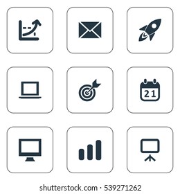 Set Of 9 Simple Startup Icons. Can Be Found Such Elements As Goal, Presentation, Diagram And Other.