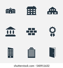 Set Of 9 Simple Structure Icons. Can Be Found Such Elements As Gate, Residence, Reward And Other.