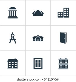 Set Of 9 Simple Structure Icons. Can Be Found Such Elements As School, Block, Flat And Other.