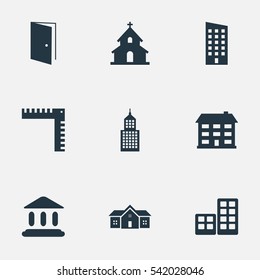 Set Of 9 Simple Structure Icons. Can Be Found Such Elements As Residence, Popish, Gate And Other.
