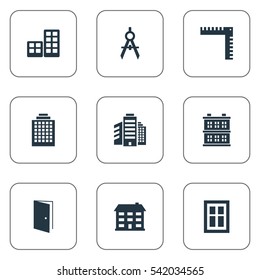 Set Of 9 Simple Structure Icons. Can Be Found Such Elements As Superstructure, Offices, Length And Other.