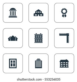 Set Of 9 Simple Structure Icons. Can Be Found Such Elements As Shelter, Length, Offices And Other.