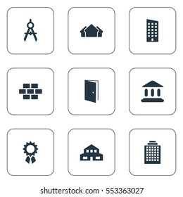 Set Of 9 Simple Structure Icons. Can Be Found Such Elements As Shelter, Gate, Stone And Other.