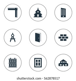 Set Of 9 Simple Structure Icons. Can Be Found Such Elements As Gate, Glazing, Popish And Other.