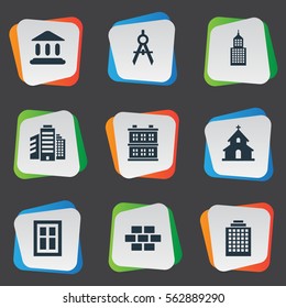Set Of 9 Simple Structure Icons. Can Be Found Such Elements As Booth, Superstructure, Stone And Other.