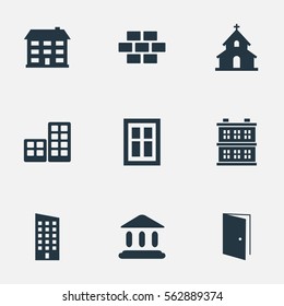 Set Of 9 Simple Structure Icons. Can Be Found Such Elements As Block, Stone, School And Other.