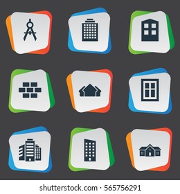 Set Of 9 Simple Structure Icons. Can Be Found Such Elements As Construction, Glazing, Offices And Other.