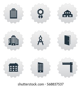 Set Of 9 Simple Structure Icons. Can Be Found Such Elements As School, Residential, Engineer Tool And Other.