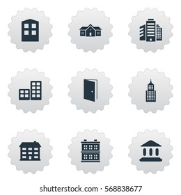 Set Of 9 Simple Structure Icons. Can Be Found Such Elements As Gate, Structure, School And Other.