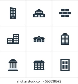 Set Of 9 Simple Structure Icons. Can Be Found Such Elements As Academy, Residential, Residence And Other.