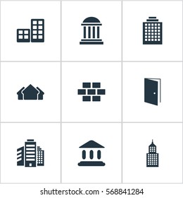 Set Of 9 Simple Structure Icons. Can Be Found Such Elements As Flat, Academy, Shelter And Other.