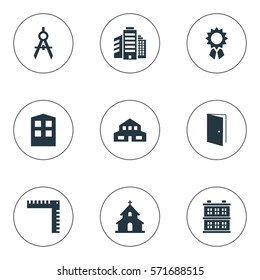 Set Of 9 Simple Structure Icons. Can Be Found Such Elements As Residential, Length, Superstructure And Other.