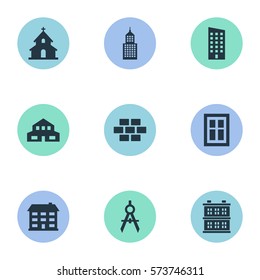 Set Of 9 Simple Structure Icons. Can Be Found Such Elements As Engineer Tool, Residential, Block And Other.
