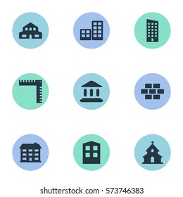 Set Of 9 Simple Structure Icons. Can Be Found Such Elements As Construction, Floor, School And Other.