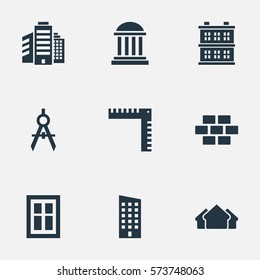 Set Of 9 Simple Structure Icons. Can Be Found Such Elements As Shelter, Length, Engineer Tool And Other.