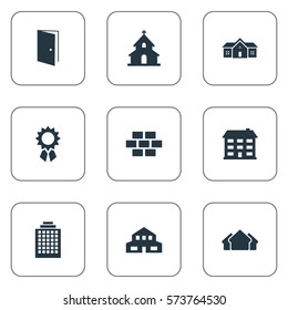 Set Of 9 Simple Structure Icons. Can Be Found Such Elements As Residential, Shelter, Stone And Other.