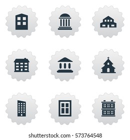 Set Of 9 Simple Structure Icons. Can Be Found Such Elements As Block, Booth, Residential And Other.