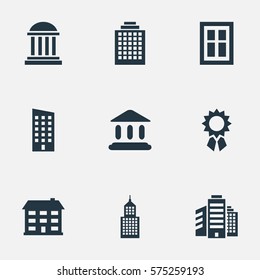 Set Of 9 Simple Structure Icons. Can Be Found Such Elements As Floor, Reward, School And Other.