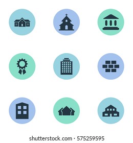 Set Of 9 Simple Structure Icons. Can Be Found Such Elements As Shelter, Offices, Residential And Other.
