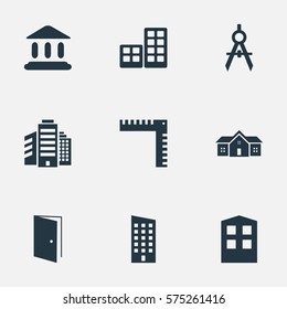 Set Of 9 Simple Structure Icons. Can Be Found Such Elements As Gate, Length, Flat And Other.
