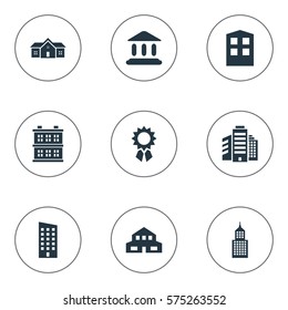 Set Of 9 Simple Structure Icons. Can Be Found Such Elements As Residential, Residence, Block And Other.