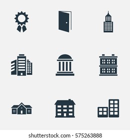 Set Of 9 Simple Structure Icons. Can Be Found Such Elements As School, Superstructure, Block And Other.