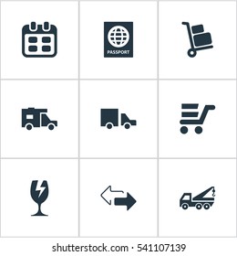 Set Of 9 Simple Surrender Icons. Can Be Found Such Elements As Pushcart, Day, Packaging And Other.