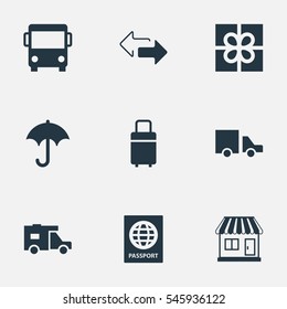 Set Of 9 Simple Surrender Icons. Can Be Found Such Elements As Gift, Van, Gingham And Other.