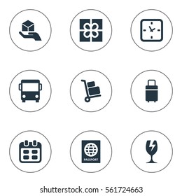 Set Of 9 Simple Surrender Icons. Can Be Found Such Elements As Packaging, Day, Trip Luggage And Other.