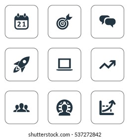Set Of 9 Simple Teamwork Icons. Can Be Found Such Elements As Global Business, Company, Date And Other.