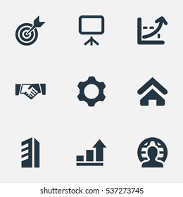 Set Of 9 Simple Teamwork Icons. Can Be Found Such Elements As Construction, Presentation, Graph And Other.