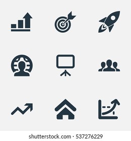Set Of 9 Simple Teamwork Icons. Can Be Found Such Elements As House, Global Business, Graph And Other.