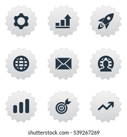 Set Of 9 Simple Teamwork Icons. Can Be Found Such Elements As Graph, Earth, Goal And Other.