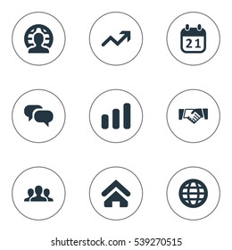 Set Of 9 Simple Teamwork Icons. Can Be Found Such Elements As Discussion, Global Business, Earth And Other.