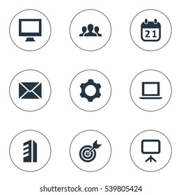 Set Of 9 Simple Teamwork Icons. Can Be Found Such Elements As Goal, Construction, Date And Other.