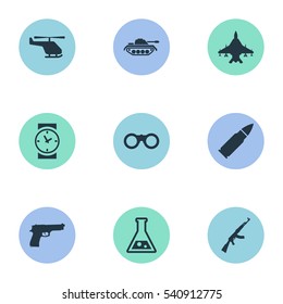 Set Of 9 Simple Terror Icons. Can Be Found Such Elements As Chemistry, Heavy Weapon, Watch And Other.