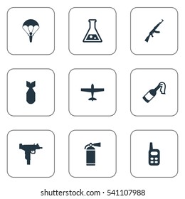 Set Of 9 Simple Terror Icons. Can Be Found Such Elements As Kalashnikov, Walkies, Paratrooper And Other.