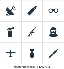 Set Of 9 Simple Terror Icons. Can Be Found Such Elements As Nuke, Ammunition, Terrorist And Other.