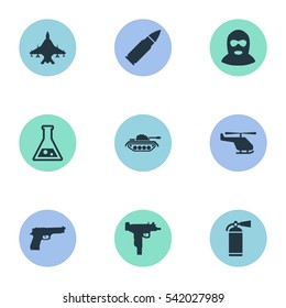 Set Of 9 Simple Terror Icons. Can Be Found Such Elements As Terrorist, Heavy Weapon, Firearm And Other.