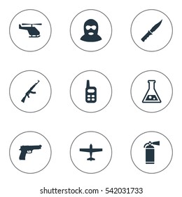Set Of 9 Simple Terror Icons. Can Be Found Such Elements As Cold Weapon, Terrorist, Pistol And Other.