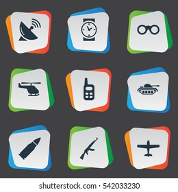 Set Of 9 Simple Terror Icons. Can Be Found Such Elements As Ammunition, Heavy Weapon, Kalashnikov And Other.