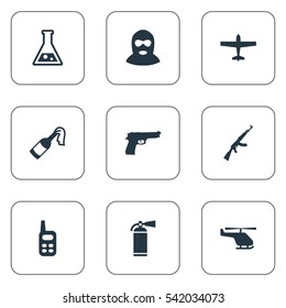 Set Of 9 Simple Terror Icons. Can Be Found Such Elements As Pistol, Extinguisher, Walkies And Other.