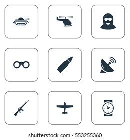 Set Of 9 Simple Terror Icons. Can Be Found Such Elements As Field Glasses, Heavy Weapon, Rifle Gun And Other.
