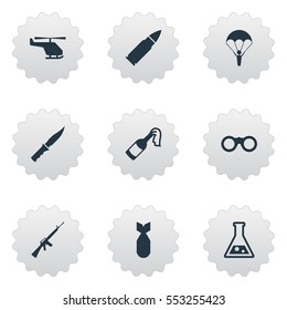 Set Of 9 Simple Terror Icons. Can Be Found Such Elements As Helicopter, Field Glasses, Molotov And Other.