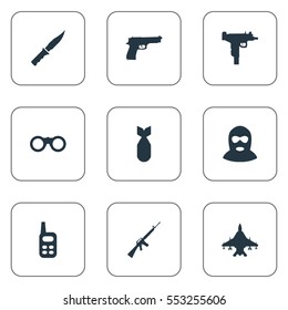Set Of 9 Simple Terror Icons. Can Be Found Such Elements As Field Glasses, Terrorist, Nuke And Other.