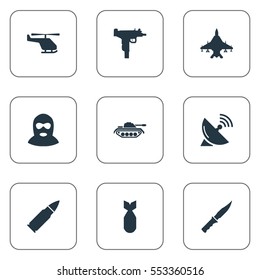 Set Of 9 Simple Terror Icons. Can Be Found Such Elements As Nuke, Cold Weapon, Ammunition And Other.