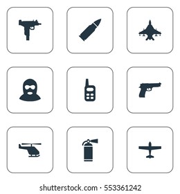 Set Of 9 Simple Terror Icons. Can Be Found Such Elements As Ammunition, Air Bomber, Firearm And Other.
