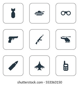Set Of 9 Simple Terror Icons. Can Be Found Such Elements As Walkies, Helicopter, Heavy Weapon And Other.